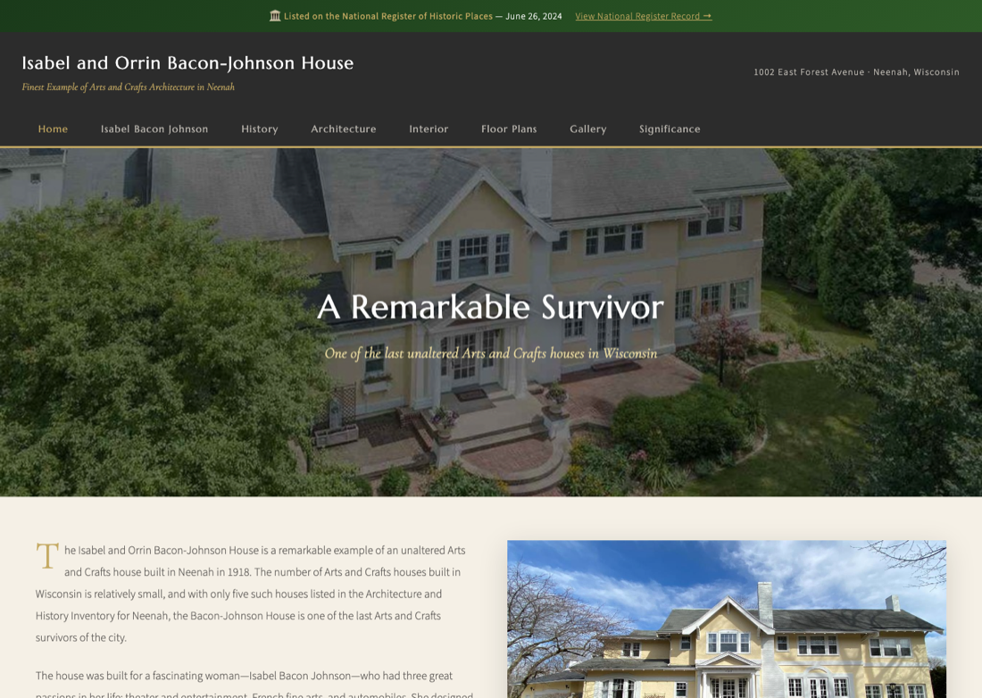 Screenshot of Bacon Johnson House website